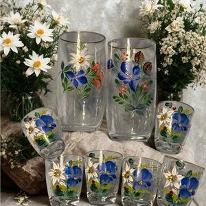 Vtg Austrian Souvenir Glass Set St Johann Tirol Hand-painted Edelweiss Schnapps